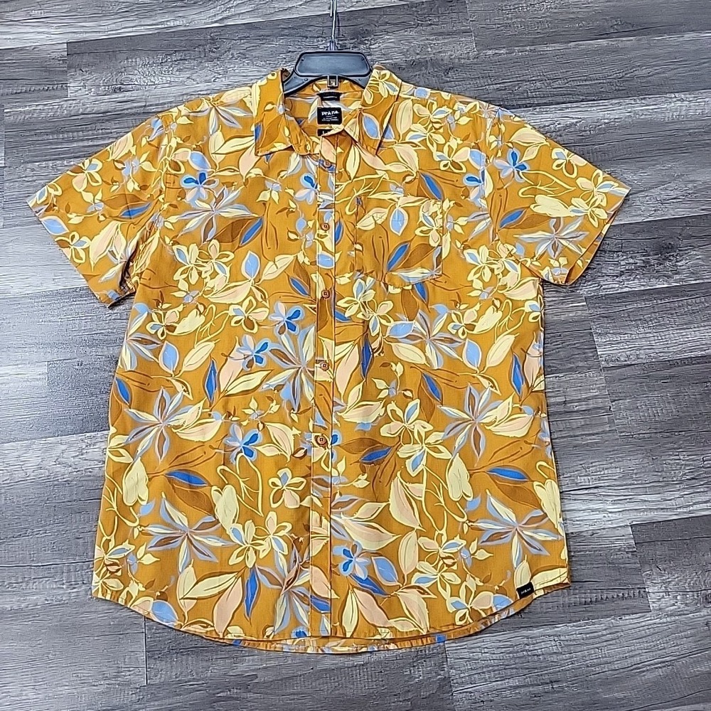 Prana Tropical Print short sleeve Men's Shirt, Orange/Blue, Large